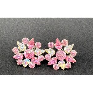 Vintage Weiss Earrings Flower Shaped Pink AB Rhinestone Screw Back Signed